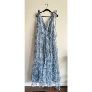 Staud Blue Sky Wildflowers Dandelion V Neck Tie Strap Floral Tulle Gown Dress 16